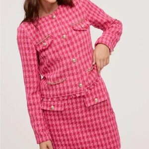 Pink Houndstooth Tweed Jacket and Skirt Set